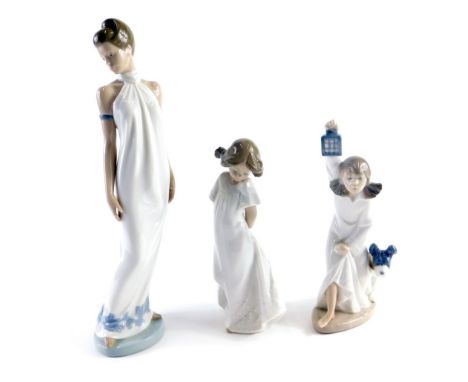 Various Nao figures, lady in flowing robes, figure of a girl, number 1109, and another girl holding lantern aside dog, 21cm h