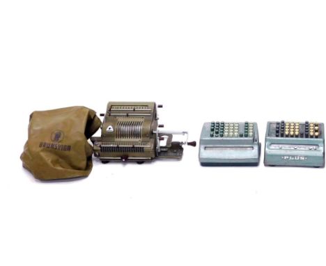 A vintage Brunsviga adding machine, 28cm wide, and two other metal cased adding machine/calculators. (3)