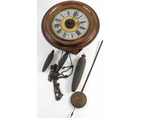 A 20thC walnut cased wall alarm clock, with acorn weights, 18cm diameter Roman numerate dial, in plain case with pendulum. 