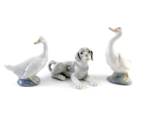 Various Nao figures, goose, another and puppy, printed marks beneath, 8cm high.
