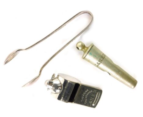 A 20thC chrome plated The Acme Thunderer L&amp;NER railway whistle, a further whistle marked L&amp;NER and a pair of sugar bo