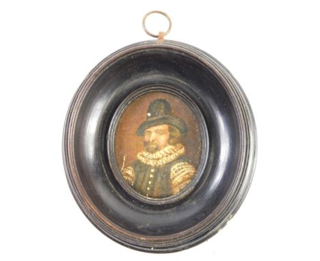 A Jacobean style portrait, miniature on paper of a gentleman wearing ruff on boarded back, 4cm x 4cm, in ebonised frame.