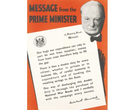 CHURCHILL (WINSTON)'Message from the Prime Minister', lithographed wartime poster appealing for the public to buy National Wa