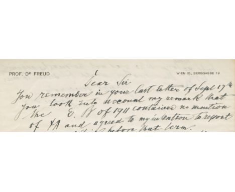 FREUD (SIGMUND)Autograph draft letter signed ('Freud') seemingly to J.L. Garvin, editor-in-chief of the Encyclopaedia Britann