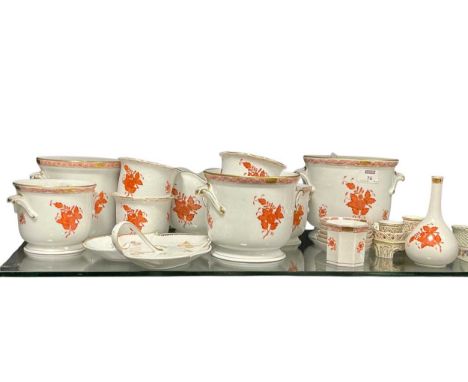 A Herend porcelain encrier of lozenge form with pierced border, together with six cachepot and four short fluted bowls with m