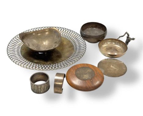 A group of Modernist silver, to include: Anthony Gordon Elson, a silver wine taster, the handle formed as a branch, engraved 