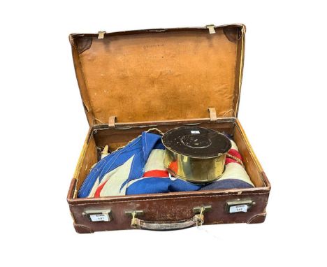 Two mid 20th century cotton Union Jack flags, approximately 167 x 83cm, housed in a leather briefcase, 14 x 46 x 28cm (3)