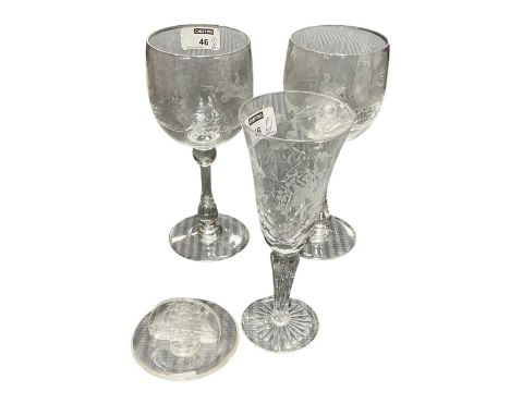 A pair of Webb moulded and wheel cut equestrian goblets, a limited edition Hellebore glass, a R. Lalique ship motif circular 