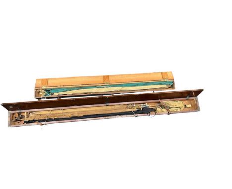 A vintage Hardy Brothers rod box, another, both with various, mostly split cane fishing rods, a galvanised bait kettle and tw