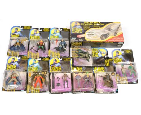 Kenner The Legend of Batman action figures and Batmobile, Good to Excellent, within Fair to Good opened packaging, figures ap