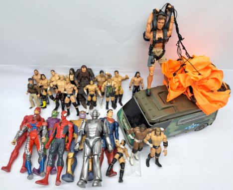 Mattel WWE/WWF loose action figures, with Marvel 12" figures in mixed figure lot assortment. Poor to fairCondition varies, so