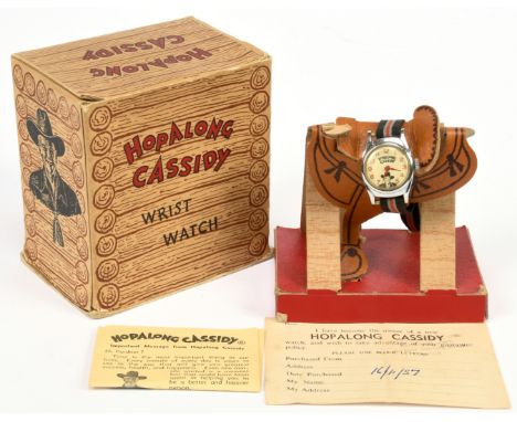 Vintage Timex Hopalong Cassidy wrist watch, with saddle display box, watch is Good to Good Plus, within Good box. untested.