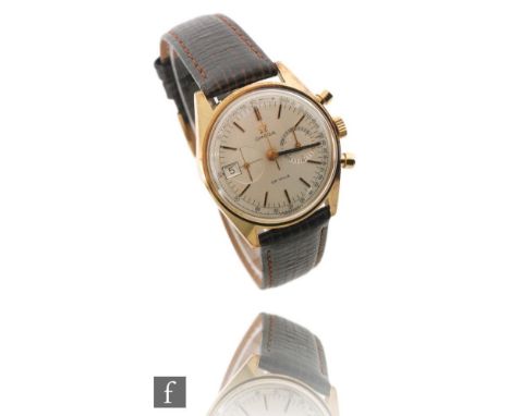 A gentleman's gold plated Omega De Ville chronograph wrist watch, ref 146.017, batons, twin subsidiary dials and date facilit