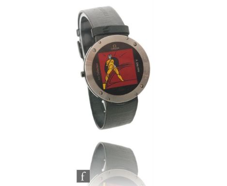 A 1987 limited edition Omega Art watch, the reverse designed by Valerio Adami with a standing figure to a plum square ground 
