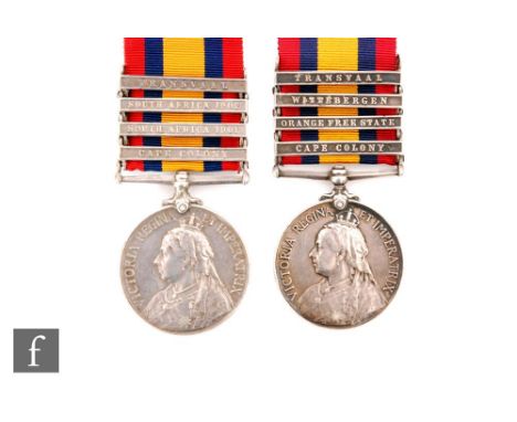 A Queen's South Africa Medal with Transvaal, Wittebergen, Orange Free State and Cape Colony bars to 1036 Pte J.R Johnson 5th 
