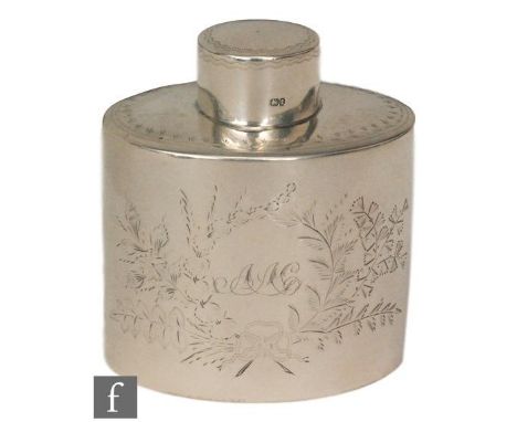 A Victorian hallmarked silver tea caddy with part engraved floral spray below pull cap, height 9cm, weight 95g, Birmingham 18