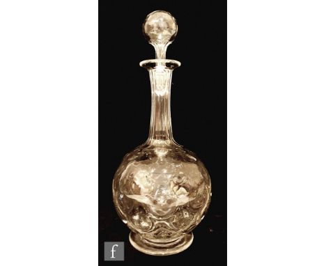 An early 20th Century Thomas Webb &amp; Son decanter of footed spherical form, optic moulded in a scale design, with tall fac