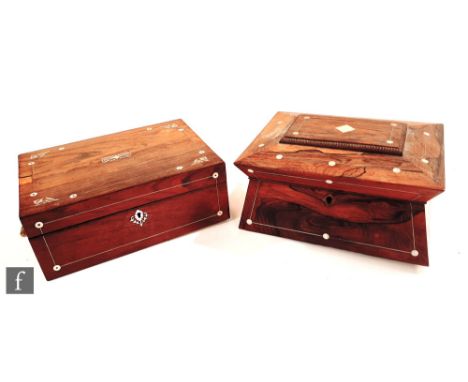 A 19th Century mother of pearl inlaid rosewood tea caddy of sarcophagus form, together with a rectangular rosewood work box, 