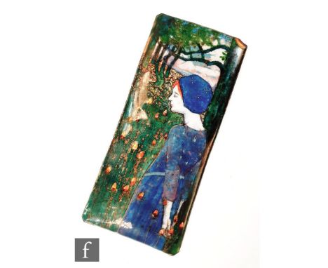 An Arts &amp; Crafts rectangular enamel plaque depicting a maiden standing in a woodland, 23cm x 10cm, S/D. 