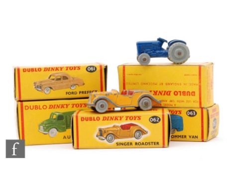 A collection of five Dublo Dinky diecast models, comprising 061 Ford Prefect in fawn with smooth wheels, 062 Singer Roadster 