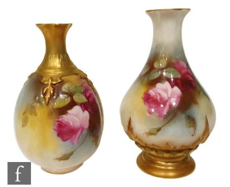 A small early 20th Century Royal Worcester vase, Hadley shape 285, hand painted with rose sprays above a relief moulded and g