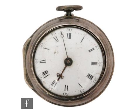 A George III pair cased pocket watch with Roman and Arabic numerals to a white enamelled dial, ruby set cock above verge esca