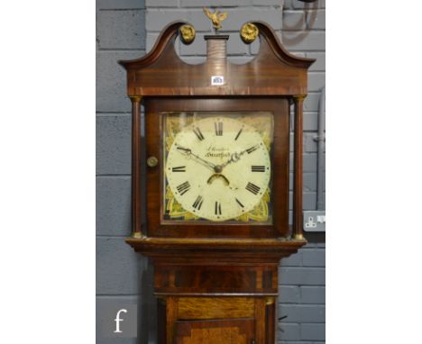 A 19th Century mahogany longcase clock, the 30 hour striking movement enclosed by a pillar glazed hood above a short trunk do