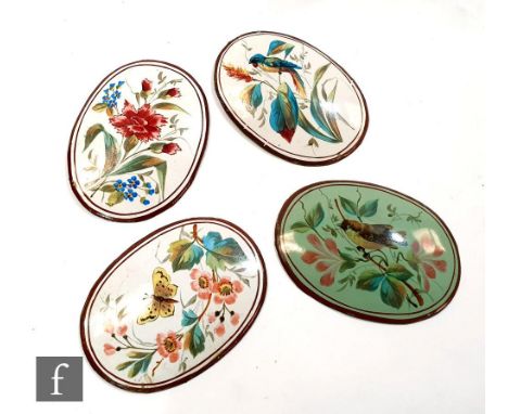 A set of four 19th Century French enamel panels, possibly for furniture or bijouterie, each decorated with birds, insects and