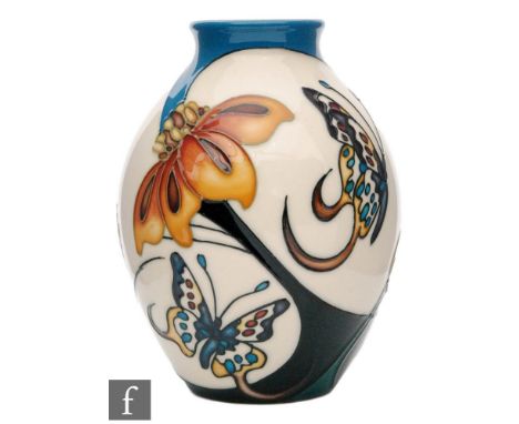 A Moorcroft Pottery vase of ovoid form with collar neck, decorated in the Butterfly Collection after designs by Emma Bossons 