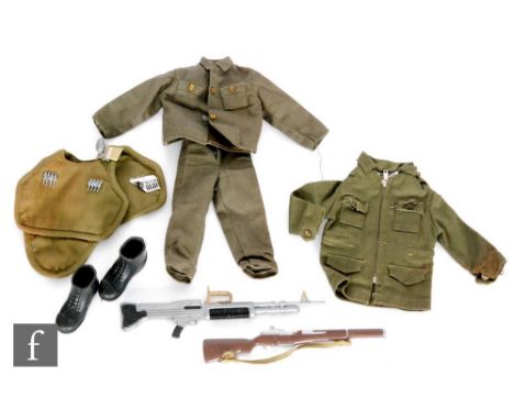 A collection of assorted Palitoy Action Man uniforms and accessories to include a partial Combat Soldier set, a complete Worl