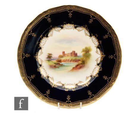 A Royal Worcester cabinet plate decorated by Rushton with a hand painted scene of Bothwell Castle, within a blue border edge 