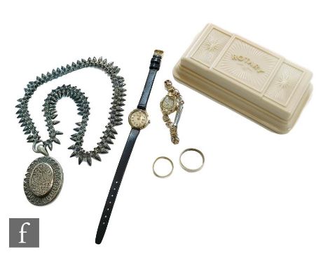 A lady's 9ct Rotary wrist watch, boxed with a Bentima example, a 9ct wedding ring, weight 4.8g, a 22ct wedding ring weight 1.