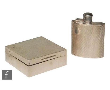 A hallmarked silver small hip flask with engine turned decoration to whole, height 9cm, with a square cigarette box of plain 