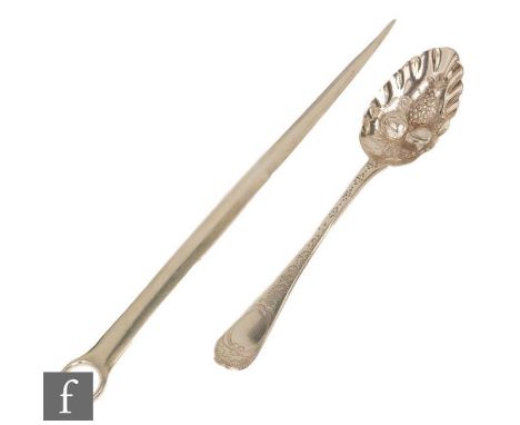 A Georgian hallmarked silver meat skewer with ring terminal, length 30cm, with a silver table spoon with later berry decorati