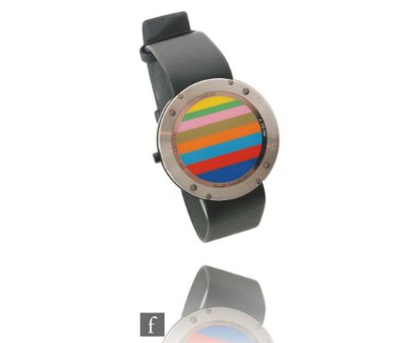 A 1989 limited edition Omega Art watch, the reverse designed by Kenneth Nolan in multicoloured bands within a stainless steel