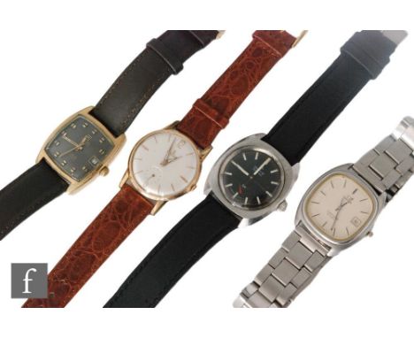 Four gentleman's wrist watches to include an Omega Seamaster quartz, a Lanco and two other manual wind examples. (4) 