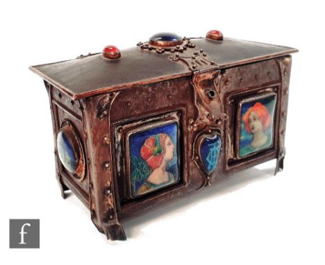 An Arts &amp; Crafts copper and brass small rectangular casket detailed with two enamel portrait panels of young maidens belo