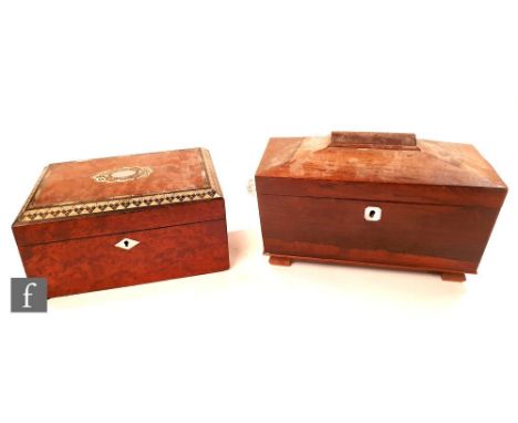 A late Regency rosewood sarcophagus tea caddy with lift lid opening to twin caddy boxes and a central glass mixing bowl, late