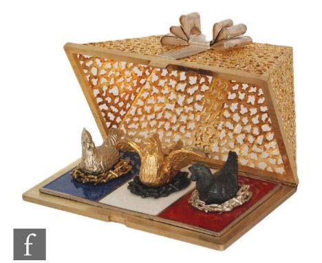 A hallmarked silver gilt Twelve Days of Christmas box, Three French Hens, the elongated pyramid pierced box opening to reveal