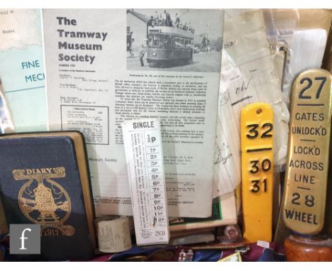 A collection of Old Hill railway brass and enamelled bridge plates, a GWR stamped ticket spike block, also paper work and eph