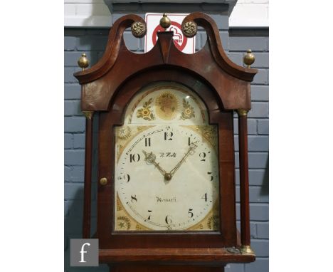 A 19th Century oak and mahogany longcase clock, with 30 hour movement, the broken arch painted dial over-painted with a signa