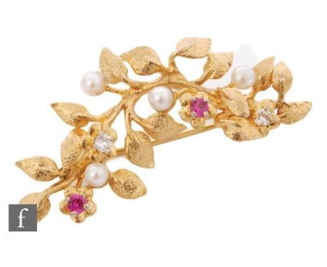 A high carat ruby, diamond and cultured pearl bar brooch with a matt finished leaf design, length 4cm, weight 4.4g, unmarked.