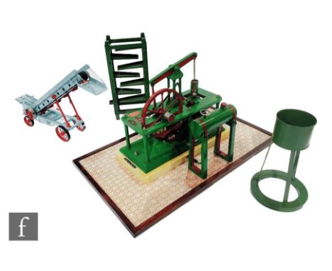 A stationary live steam scale model of a steam driven beam engine No 4 on wooden plinth with accessories to include boiler, w