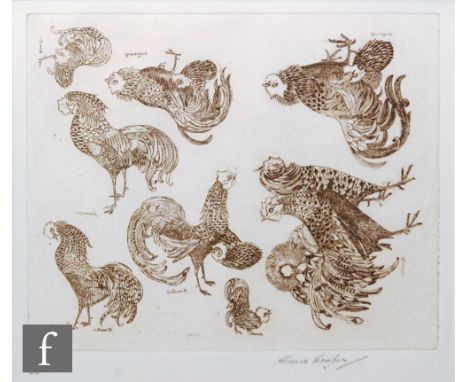 SUSIE COOPER (1902-1995) - A study of cockerels, etching, signed in pencil, numbered 15/25, framed, 22.5cm x 28cm. 