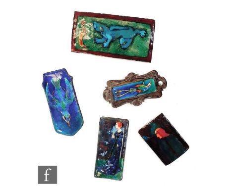 Five assorted enamel panels to include two kingfishers and a maiden example, largest 10cm x 5cm. 