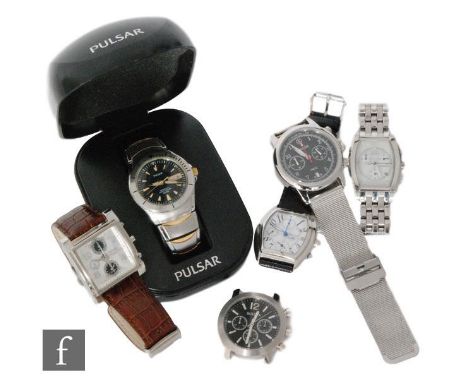 A gentleman's stainless steel Pulsar 100M chronograph wrist watch with a similar Bulova and four further watches. (6) 