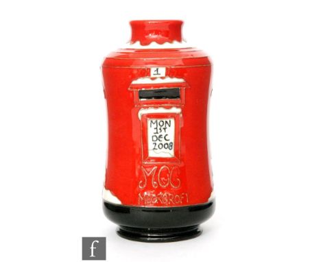 A Moorcroft Pottery Collectors Club vase in the Pillar Postbox pattern designed by Julie Ann Bowen, modelled as a postbox dec