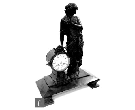 A 19th Century French spelter figural mantle clock with an eight day movement, Roman numerals to a white enamelled circular d