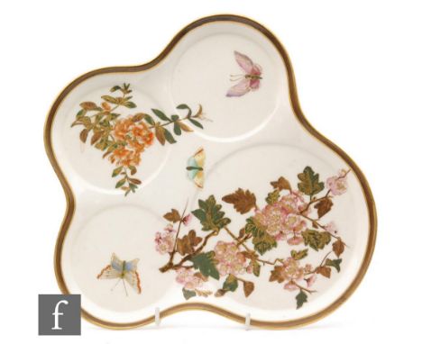 A late 19th Century Royal Worcester blush ivory shaped dressing table tray decorated with sprays of flowers and butterflies, 