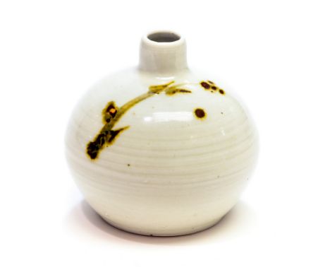 Leach Pottery, a St Ives studio porcelain bottle vase, spherical form with narrow neck, decorated with brown abstract foliate